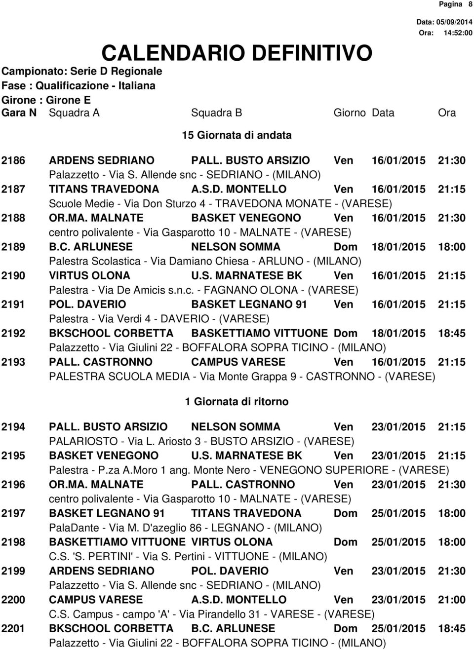 DAVERIO BASKET LEGNANO 91 Ven 16/01/2015 21:15 2192 BKSCHOOL CORBETTA BASKETTIAMO VITTUONE Dom 18/01/2015 18:45 2193 PALL.