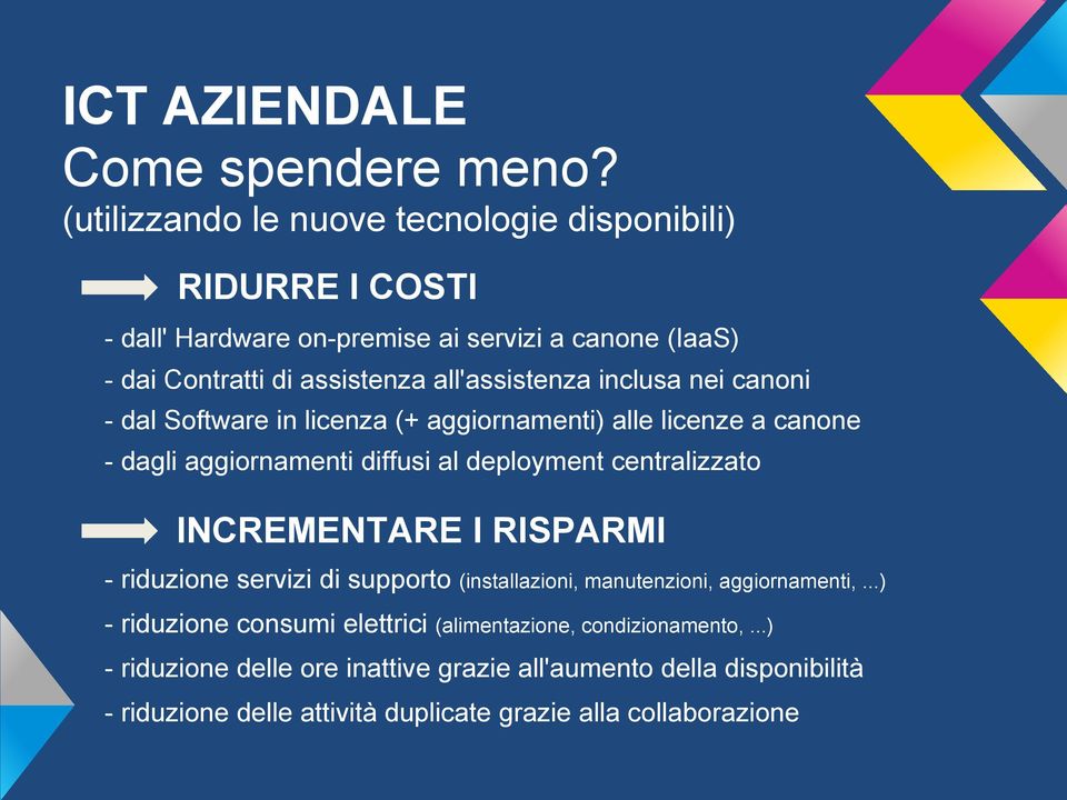 all'assistenza inclusa nei canoni - dal Software in licenza (+ aggiornamenti) alle licenze a canone - dagli aggiornamenti diffusi al deployment centralizzato