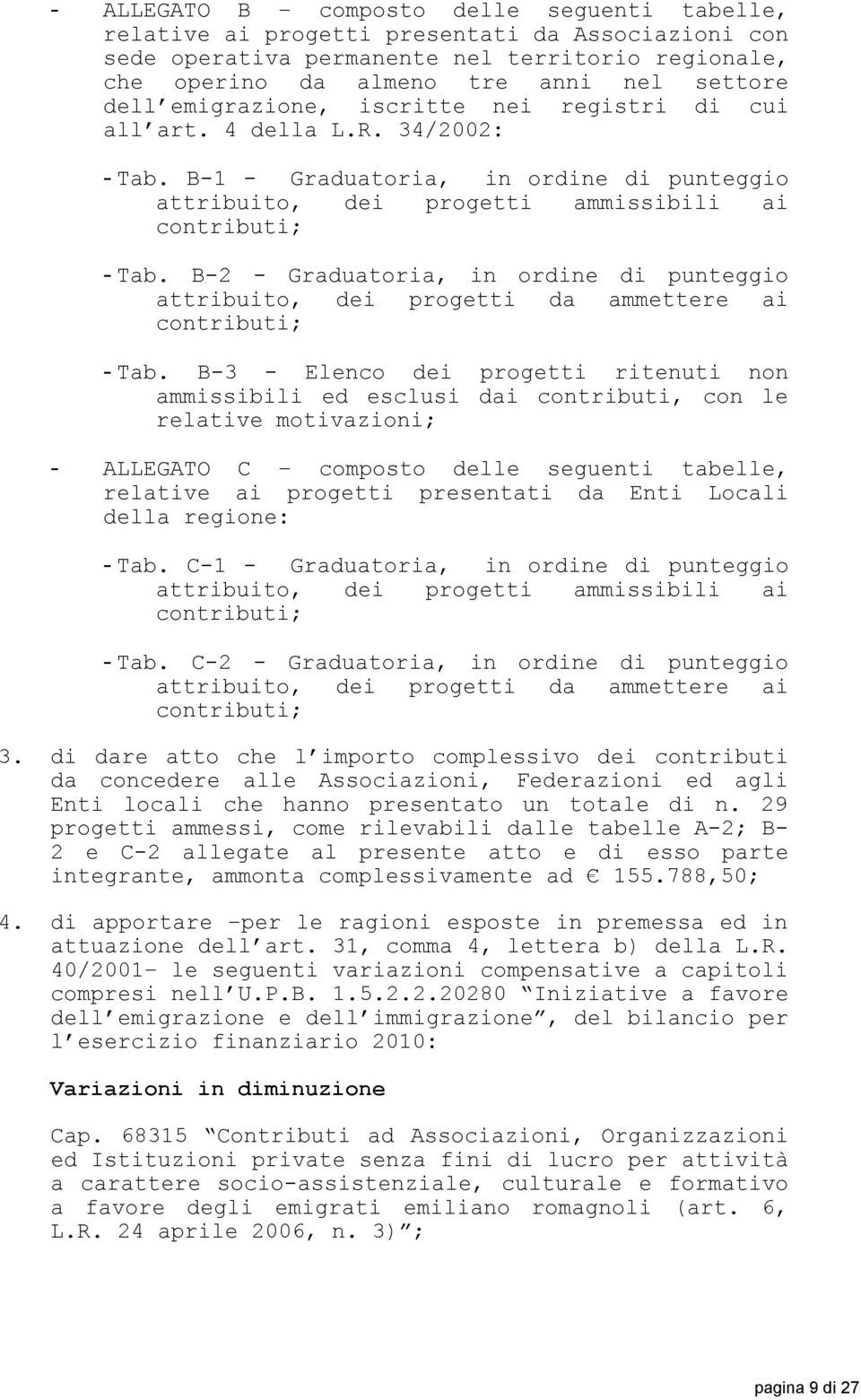 B-2 - Graduatoria, in ordine di punteggio attribuito, dei progetti da ammettere ai contributi; - Tab.