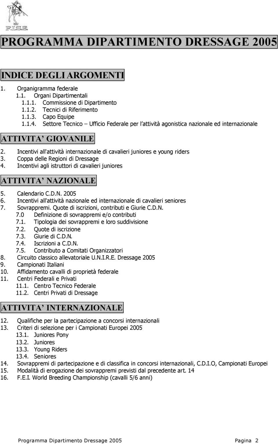 Coppa delle Regioni di Dressage 4. Incentivi agli istruttori di cavalieri juniores ATTIVITA NAZIONALE 5. Calendario C.D.N. 2005 6.