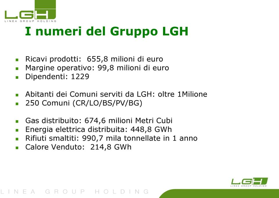 Comuni (CR/LO/BS/PV/BG) Gas distribuito: 674,6 milioni Metri Cubi Energia elettrica