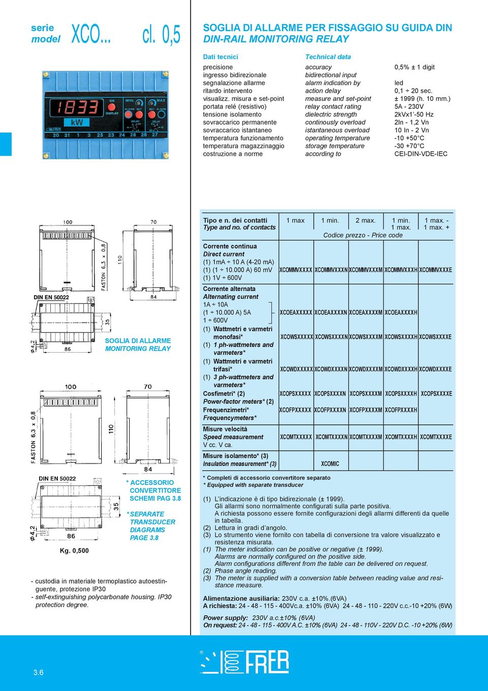 allarme alarm indication by led ritardo intervento action delay 0,1 20 sec. visualizz. misura e set-point measure and set-point ± 1999 (h. 10 mm.