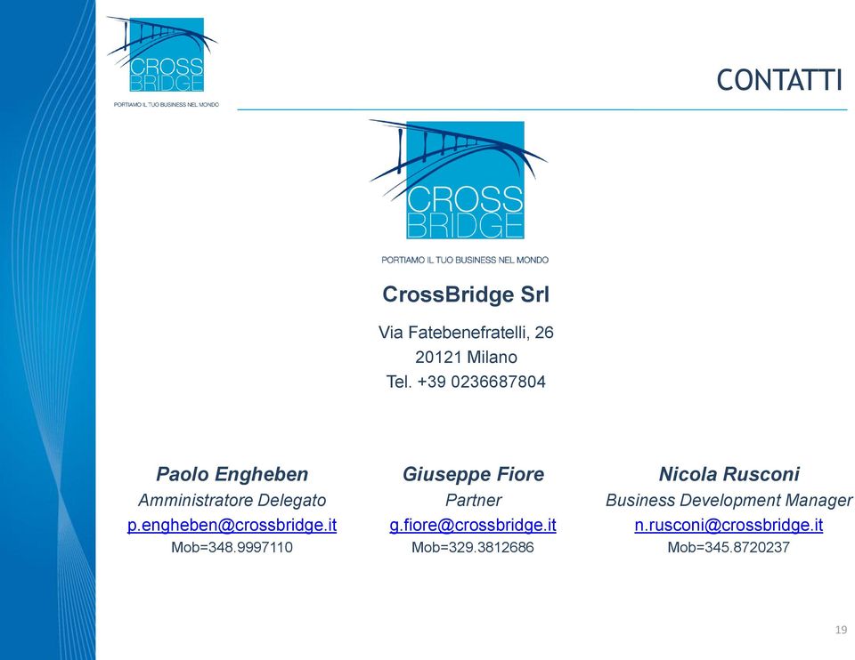 it Mob=348.9997110 Giuseppe Fiore Partner g.fiore@crossbridge.it Mob=329.