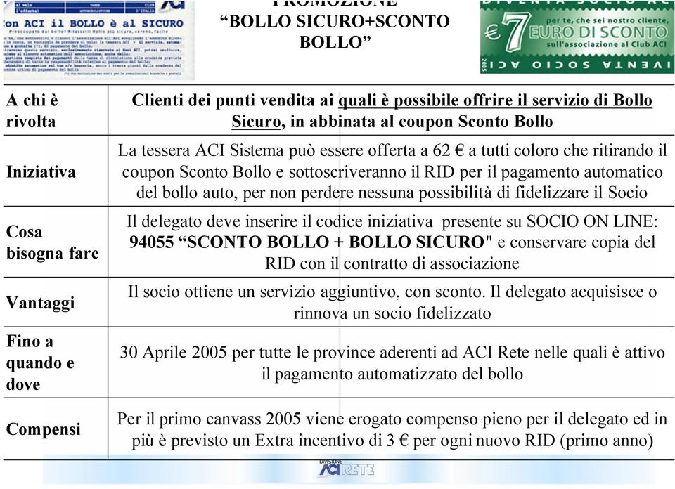 possibilità di fidelizzare il Socio Il delegato deve inserire il codice iniziativa presente su SOCIO ON LINE: 94055 SCONTO BOLLO + BOLLO SICURO" e conservare copia del RID con il contratto di