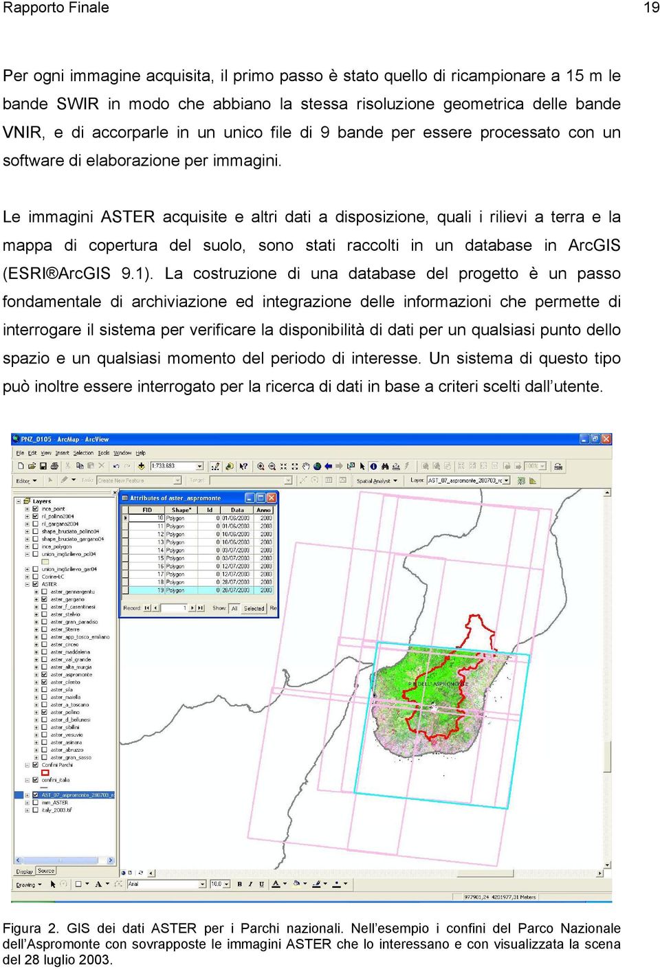 Le immagini ASTER acquisite e altri dati a disposizione, quali i rilievi a terra e la mappa di copertura del suolo, sono stati raccolti in un database in ArcGIS (ESRI ArcGIS 9.1).