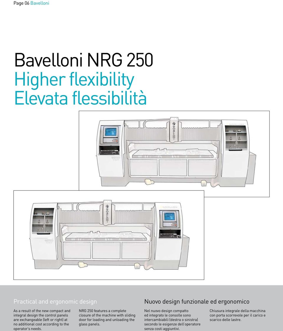 NRG 250 features a complete closure of the machine with sliding door for loading and unloading the glass panels.