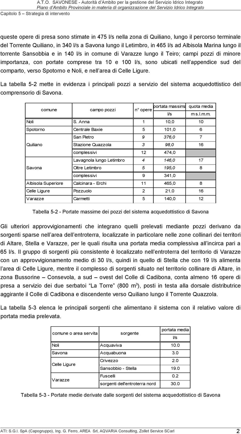 Spotorno e Noli, e nell area di Celle Ligure. La tabella 5-2 mette in evidenza i principali pozzi a servizio del sistema acquedottistico del comprensorio di Savona.