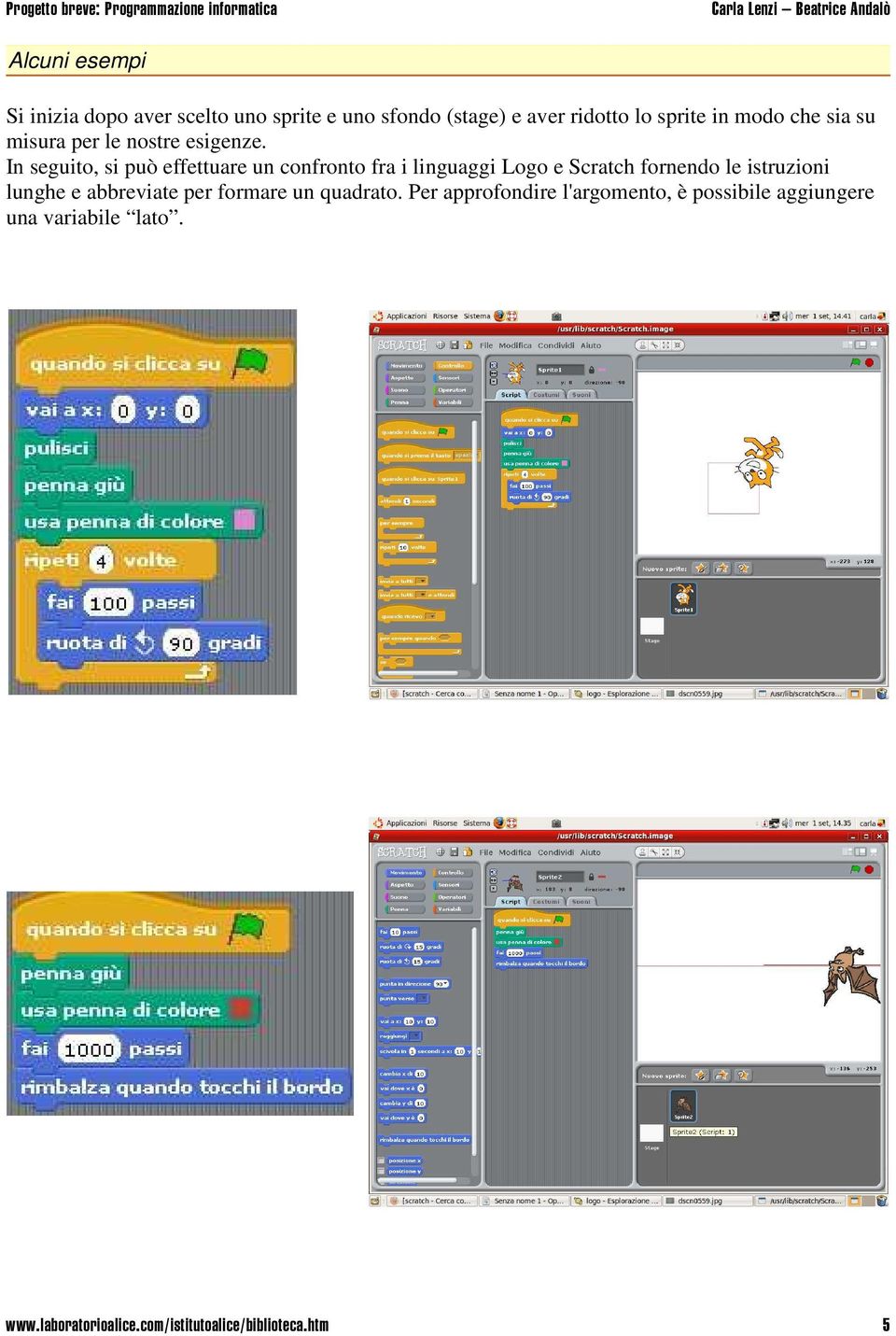 In seguito, si può effettuare un confronto fra i linguaggi Logo e Scratch fornendo le istruzioni lunghe