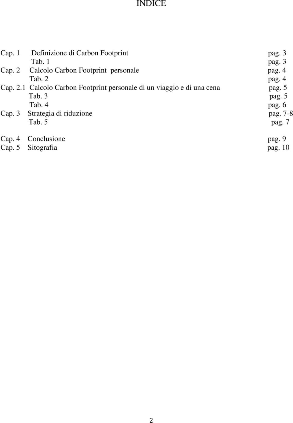 pag. 4 Cap. 2.1 Calcolo Carbon Footprint personale di un viaggio e di una cena pag.