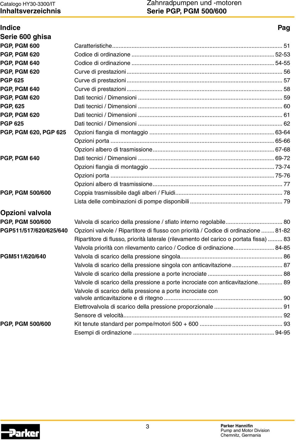 .. 59 PGP, 625 Dati tecnici / Dimensioni... 60 PGP, PGM 620 Dati tecnici / Dimensioni... 61 PGP 625 Dati tecnici / Dimensioni... 62 PGP, PGM 620, PGP 625 Opzioni flangia di montaggio.