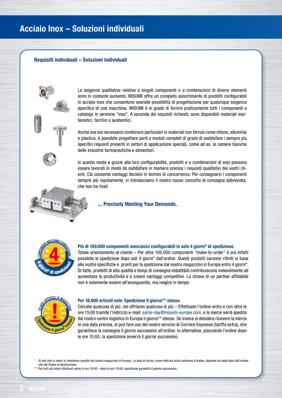 MISUMI è in grado di fornire praticamente tutti i componenti a catalogo in versione inox. A seconda dei requisiti richiesti, sono disponibili materiali martensitici, ferritici o austenitici.