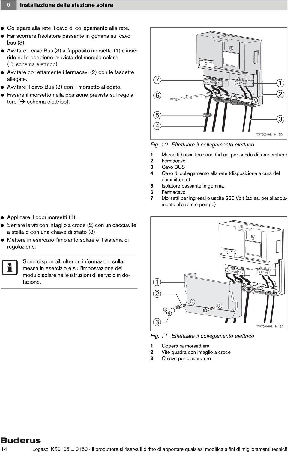 V Avvitare il cavo Bus () con il morsetto allegato. V Fissare il morsetto nella posizione prevista sul regolatore ( schema elettrico). 7 6 5 Fig. 0 Effettuare il collegamento elettrico 77700689.-.