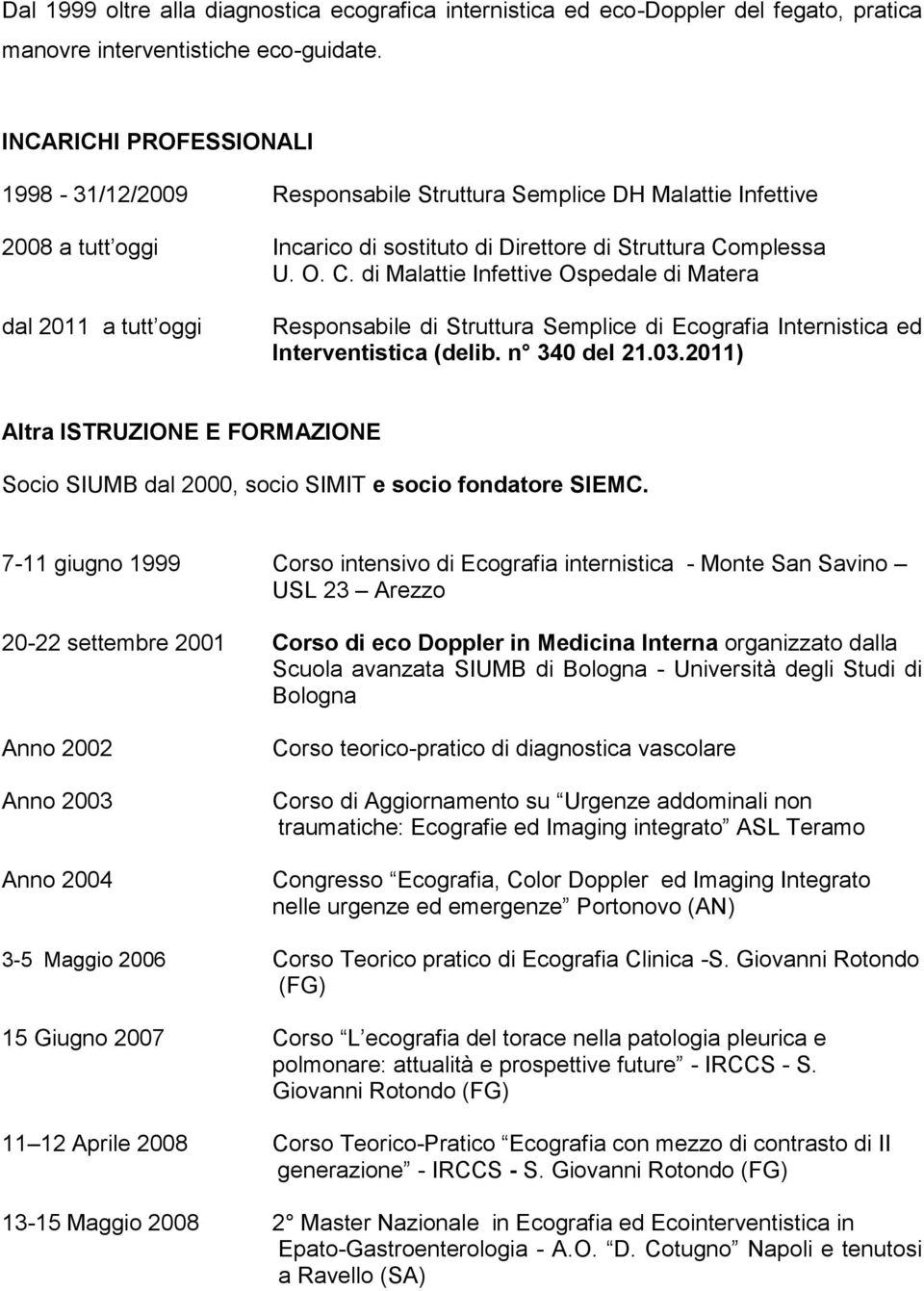 mplessa U. O. C. di Malattie Infettive Ospedale di Matera dal 2011 a tutt oggi Responsabile di Struttura Semplice di Ecografia Internistica ed Interventistica (delib. n 340 del 21.03.