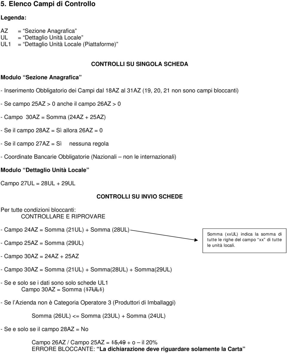 26AZ = 0 - Se il campo 27AZ = Sì nessuna regola - Coordinate Bancarie Obbligatorie (Nazionali non le internazionali) Modulo Dettaglio Unità Locale Campo 27UL = 28UL + 29UL Per tutte condizioni