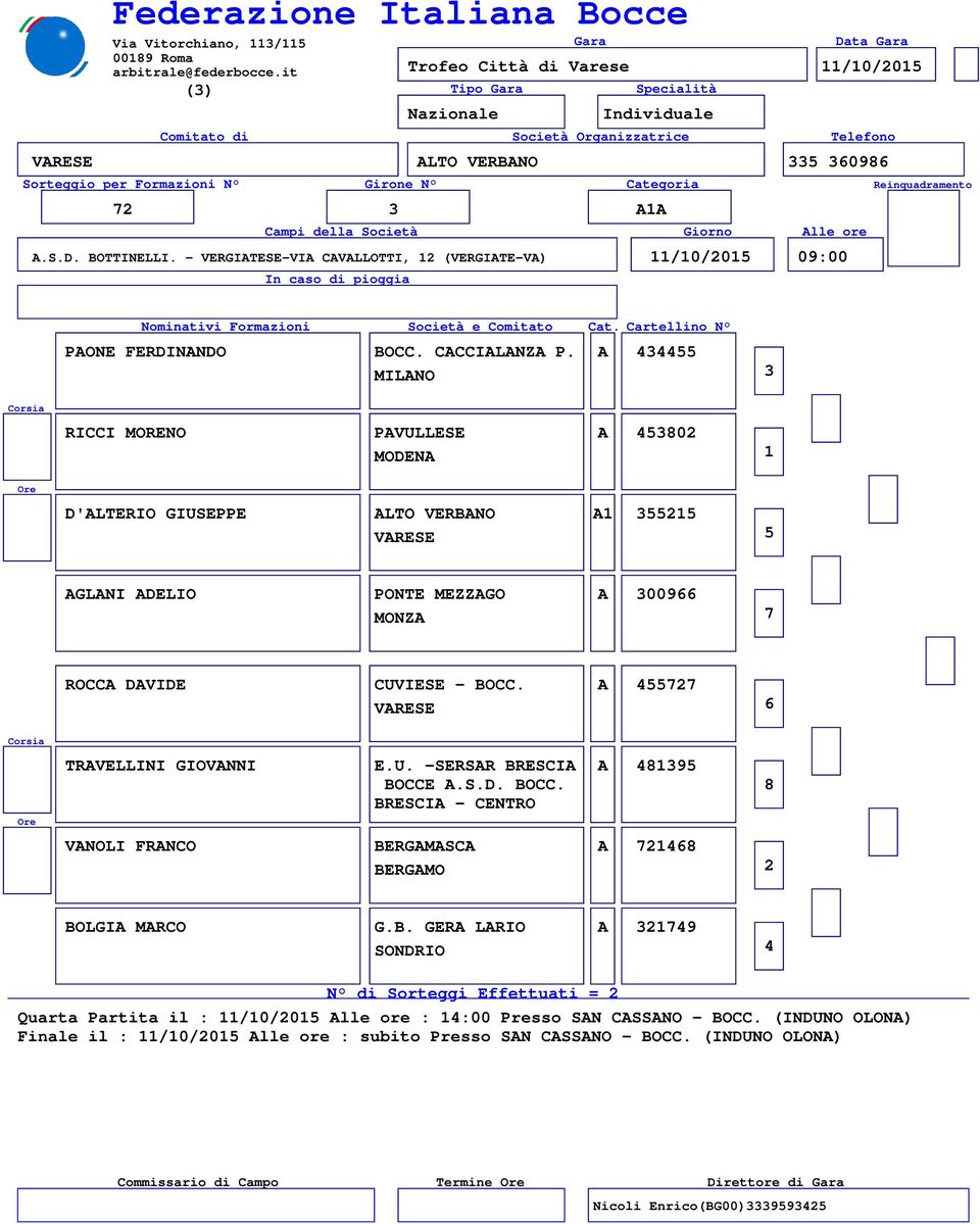 S.D. BOCC. A 9 BRESCIA - CENTRO VANOLI FRANCO BERGAMASCA A BOLGIA MARCO G.B. GERA LARIO A 9 SONDRIO N di Sorteggi Effettuati = Quarta Partita il : /0/0 Alle ore : :00 Presso SAN CASSANO - BOCC.