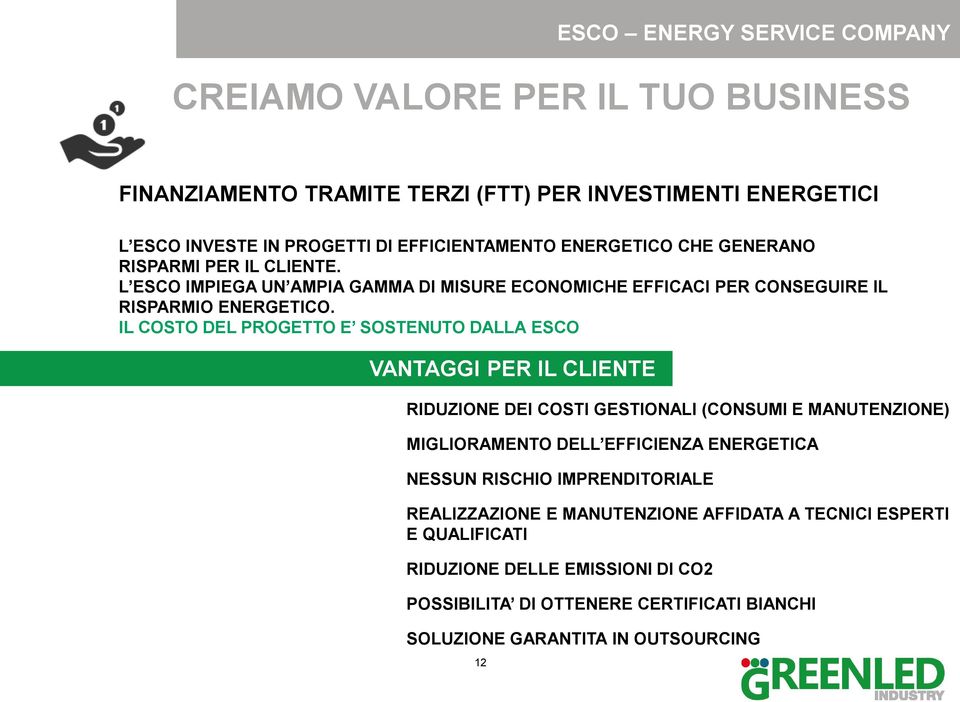 IL COSTO DEL PROGETTO E SOSTENUTO DALLA ESCO VANTAGGI PER IL CLIENTE RIDUZIONE DEI COSTI GESTIONALI (CONSUMI E MANUTENZIONE) MIGLIORAMENTO DELL EFFICIENZA ENERGETICA NESSUN