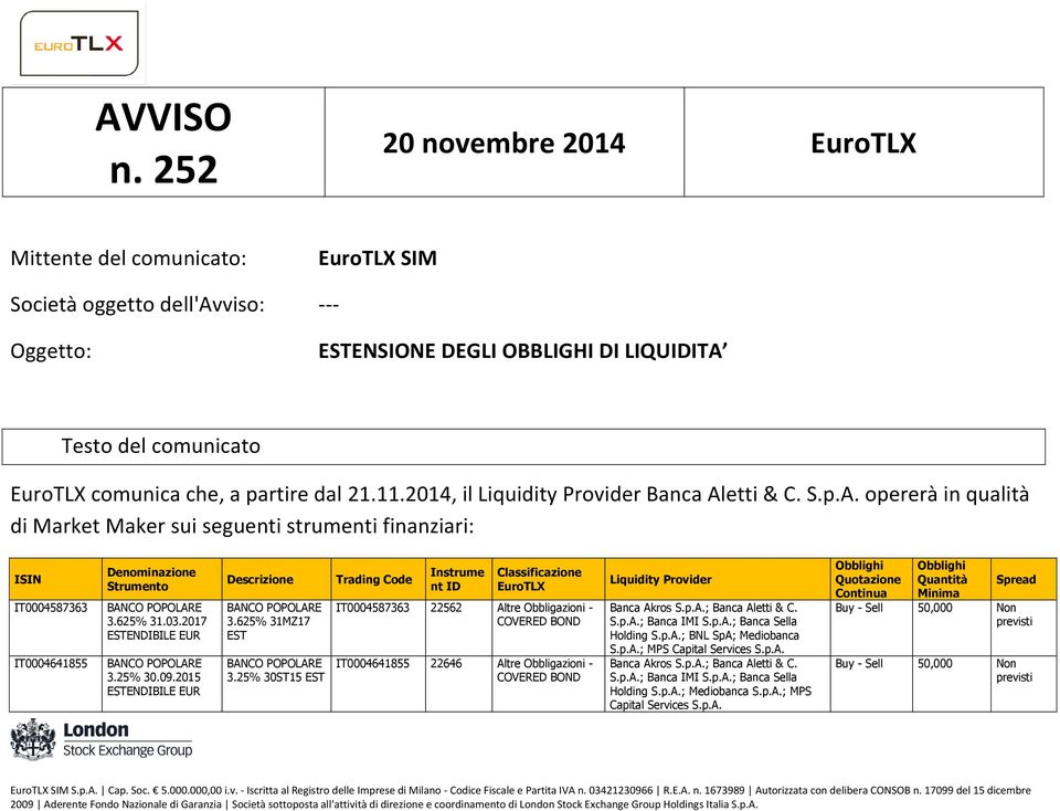 dal 21.11.2014, il Liquidity Provider Banca Aletti & C. S.p.A. opererà in qualità di Market Maker sui seguenti strumenti finanziari: ISIN IT0004587363 IT0004641855 Denominazione Strumento 3.625% 31.