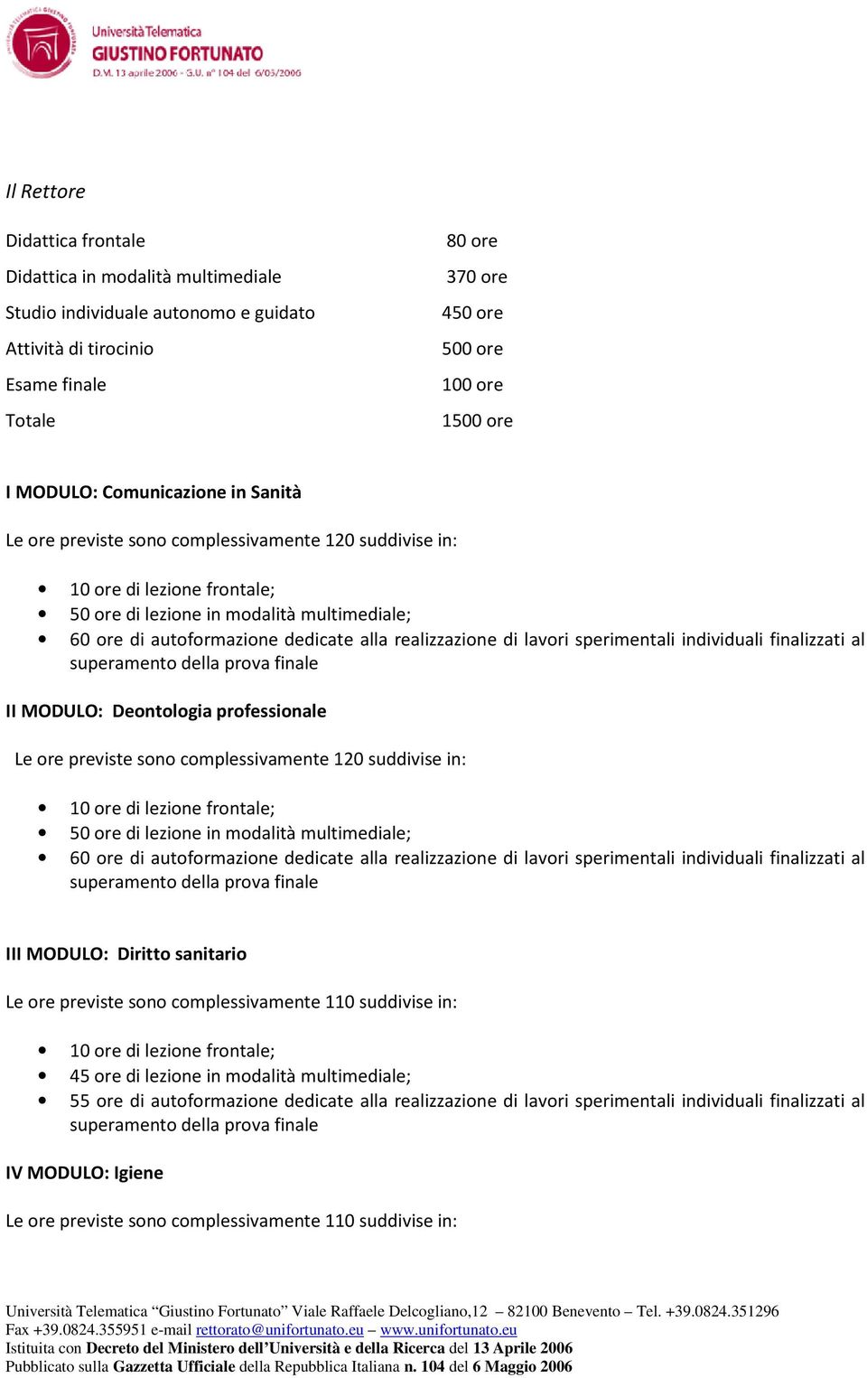 alla realizzazione di lavori sperimentali individuali finalizzati al II MODULO: Deontologia professionale Le ore previste sono complessivamente 120 suddivise in: 50 ore di