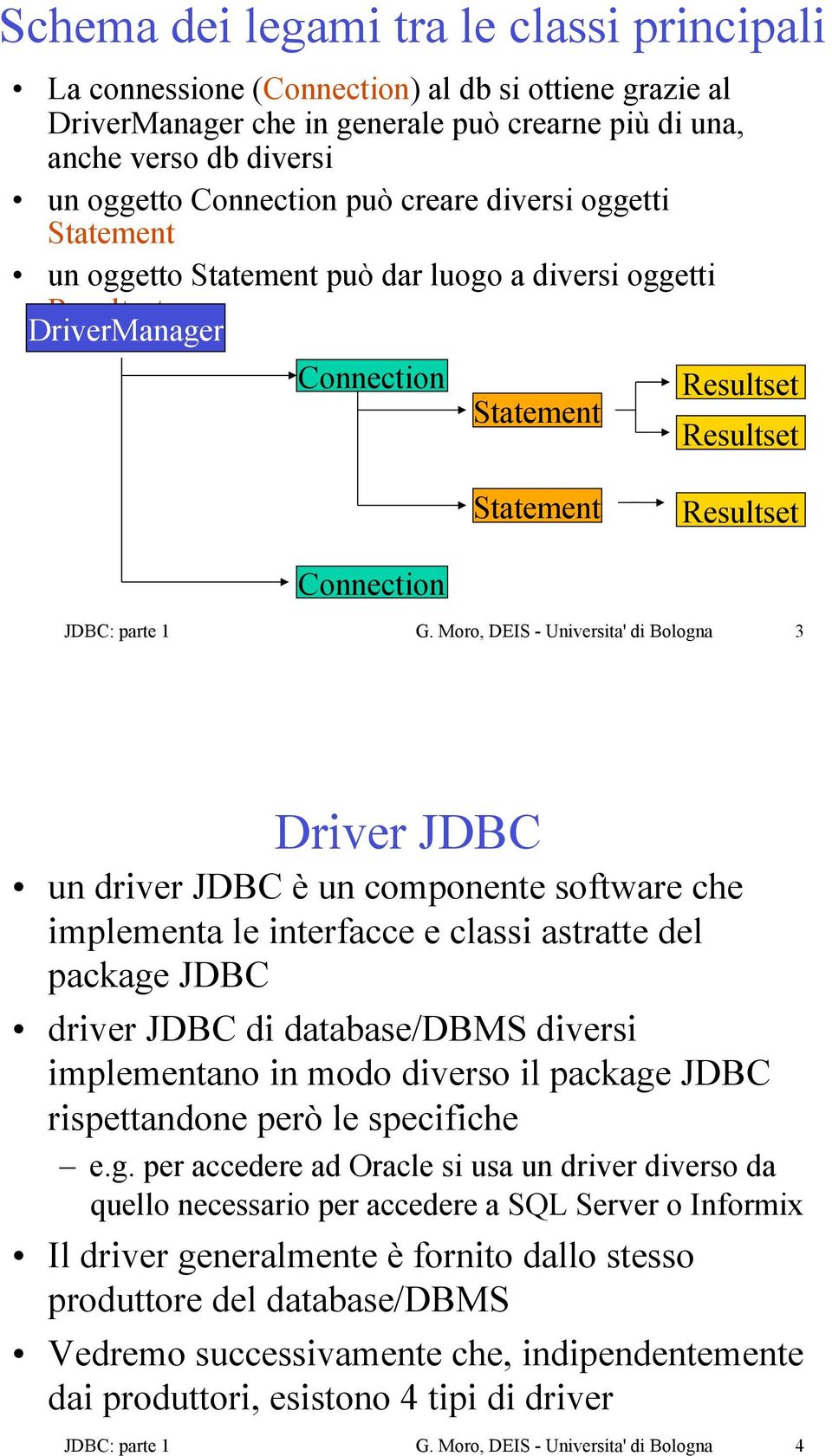 G. Moro, DEIS - Universita' di Bologna 3 Driver JDBC un driver JDBC è un componente software che implementa le interfacce e classi astratte del package JDBC driver JDBC di database/dbms diversi