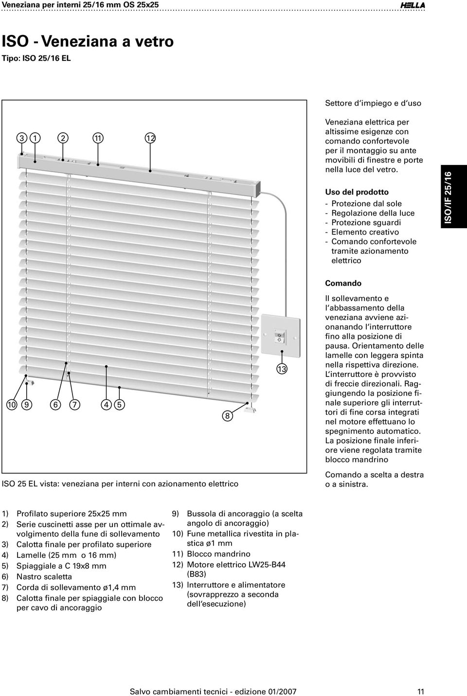 Uso del prodotto Protezione dal sole Regolazione della luce Protezione sguardi Elemento creativo Comando confortevole tramite azionamento elettrico ISO/IF 25/16 Comando Il sollevamento e l