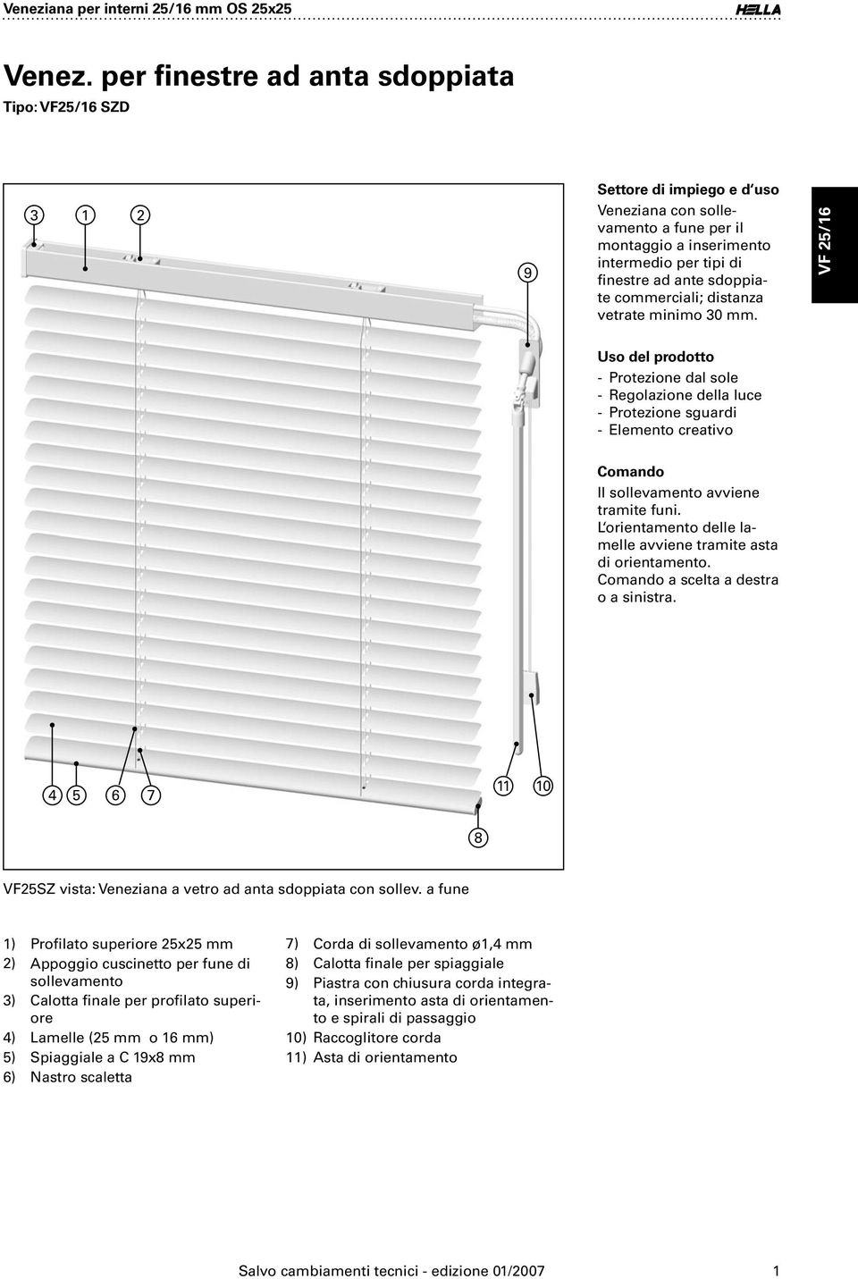 commerciali; distanza vetrate minimo 30 mm. VF 25/16 Uso del prodotto Protezione dal sole Regolazione della luce Protezione sguardi Elemento creativo Comando Il sollevamento avviene tramite funi.