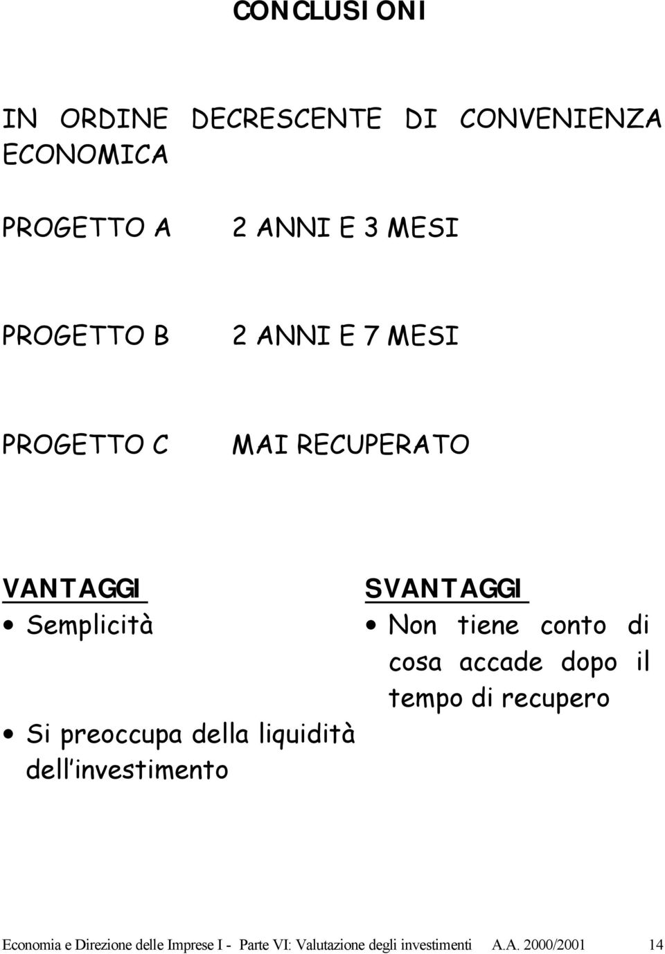 liquidità dell investimento SVANTAGGI Non tiene conto di cosa accade dopo il tempo di