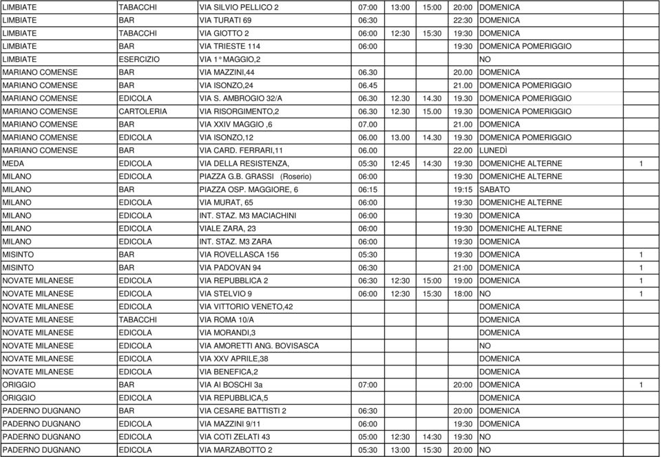 00 DOMENICA POMERIGGIO MARIANO COMENSE EDICOLA VIA S. AMBROGIO 32/A 06.30 12.30 14.30 19.30 DOMENICA POMERIGGIO MARIANO COMENSE CARTOLERIA VIA RISORGIMENTO,2 06.30 12.30 15.00 19.