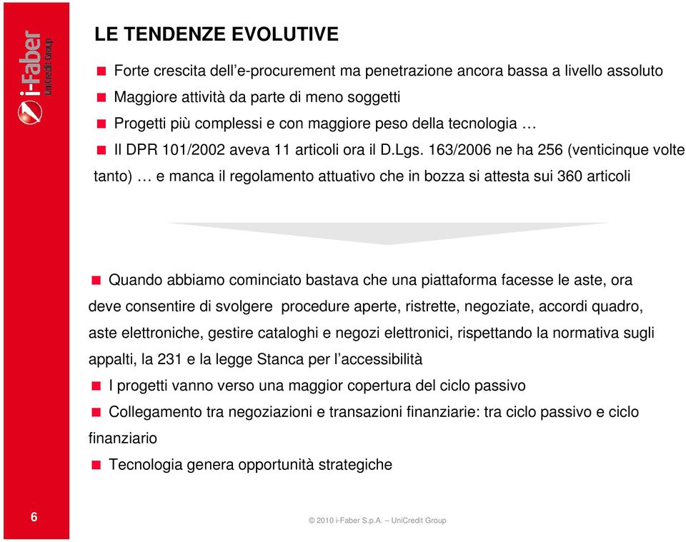 163/2006 ne ha 256 (venticinque volte tanto) e manca il regolamento attuativo che in bozza si attesta sui 360 articoli Quando abbiamo cominciato bastava che una piattaforma facesse le aste, ora deve