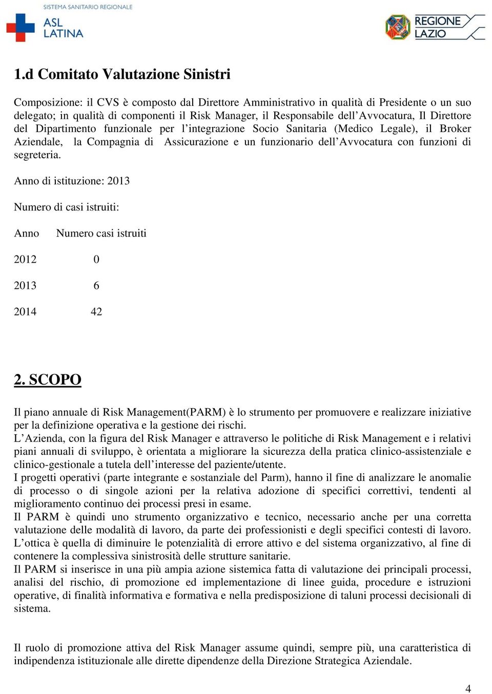 funzioni di segreteria. Anno di istituzione: 2013 Numero di casi istruiti: Anno Numero casi istruiti 2012 0 2013 6 2014 42 2.