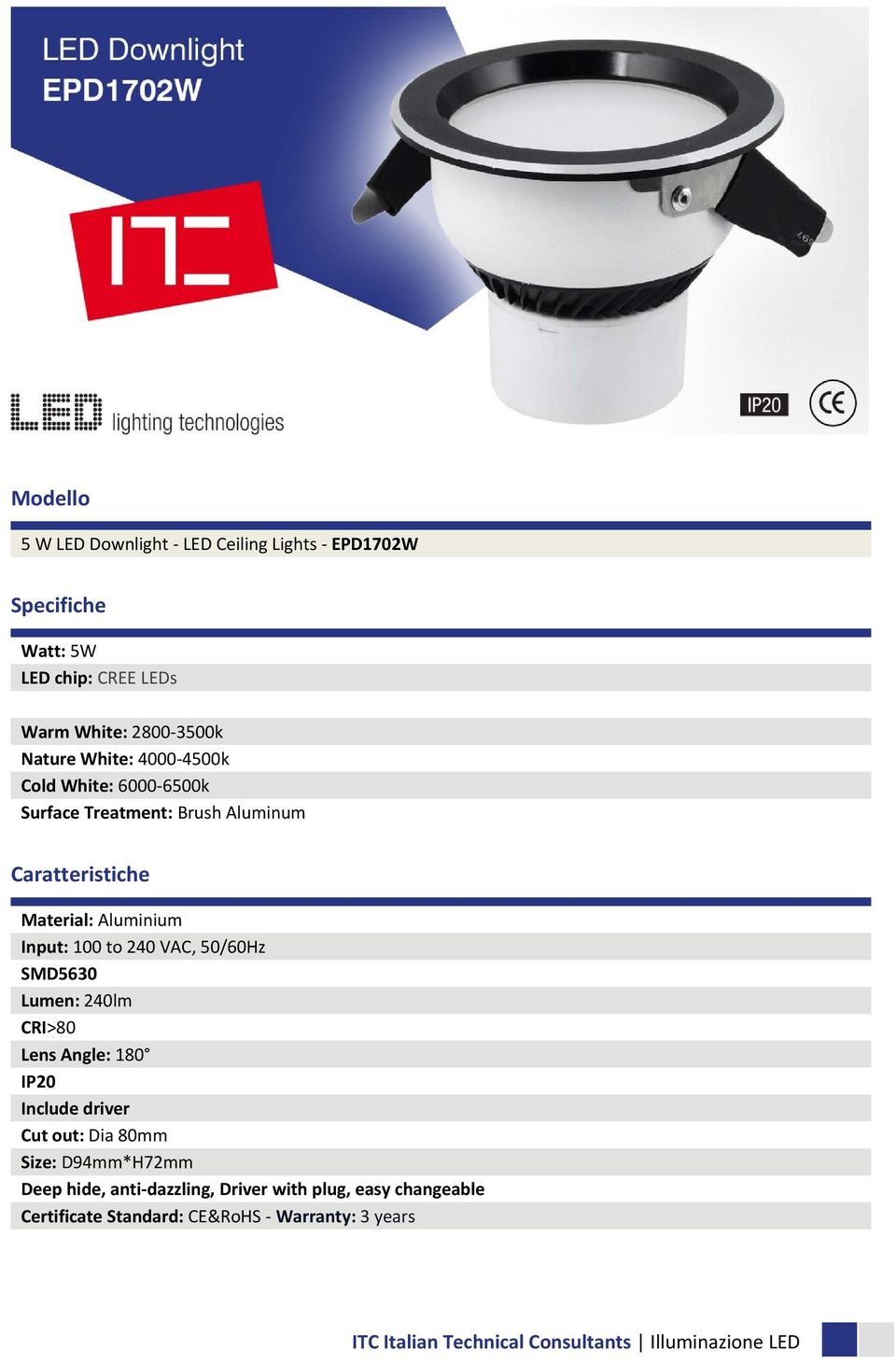 Treatment: Brush Aluminum SMD5630 Lumen: 240lm