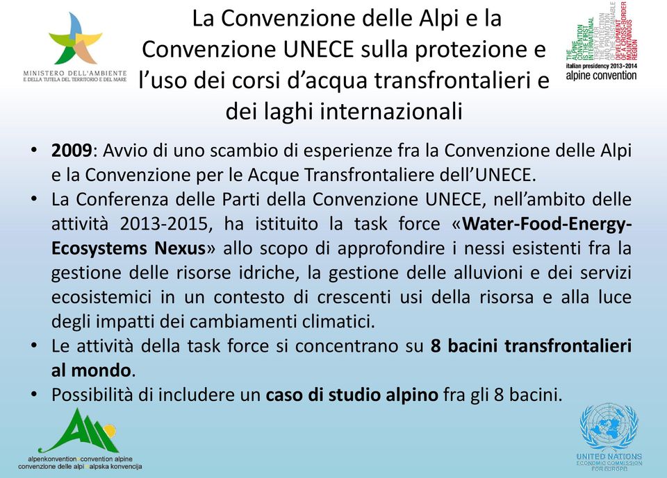 La Conferenza delle Parti della Convenzione UNECE, nell ambito delle attività 2013-2015, ha istituito la task force «Water-Food-Energy- Ecosystems Nexus» allo scopo di approfondire i nessi esistenti