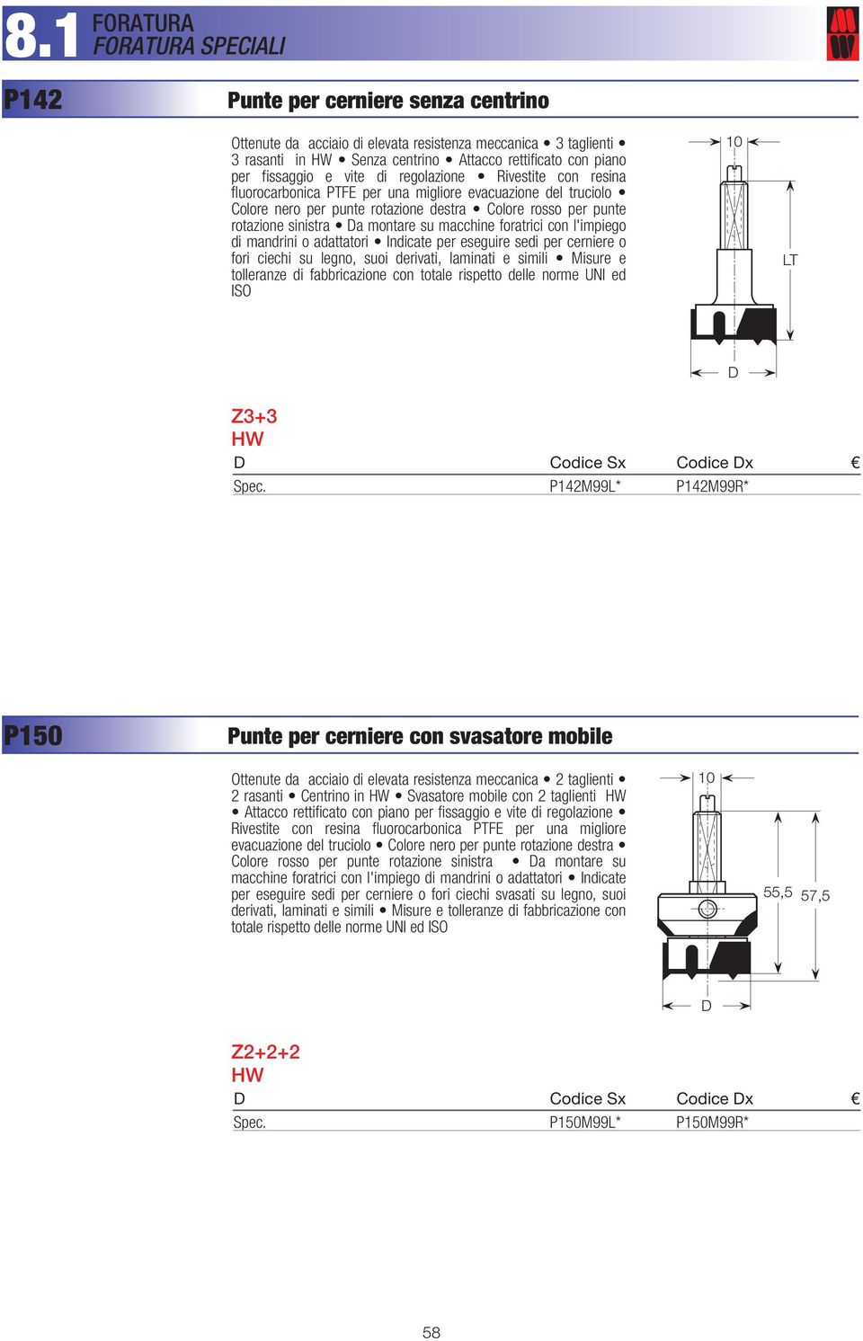 foratrici con l'impiego di mandrini o adattatori Indicate per eseguire sedi per cerniere o fori ciechi su legno, suoi derivati, laminati e simili Misure e tolleranze di fabbricazione con totale