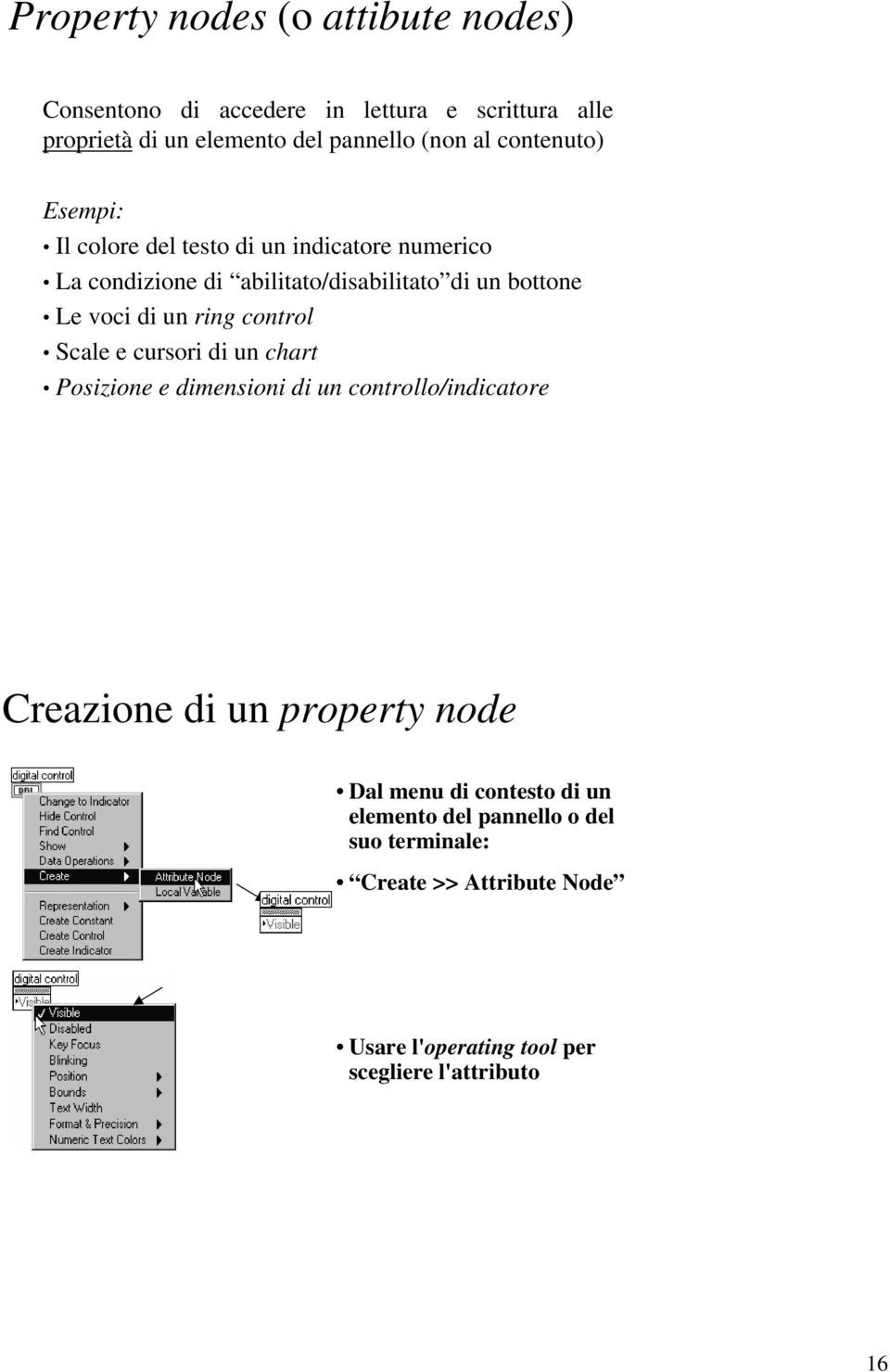 ring control Scale e cursori di un chart Posizione e dimensioni di un controllo/indicatore Creazione di un property node Dal menu di