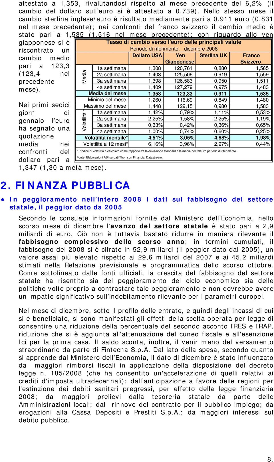 nel mese precedente); con riguardo allo yen giapponese si è Tasso di cambio verso l'euro delle principali valute riscontrato un Periodo di riferimento: dicembre 2008 cambio medio pari a 123,3 (123,4