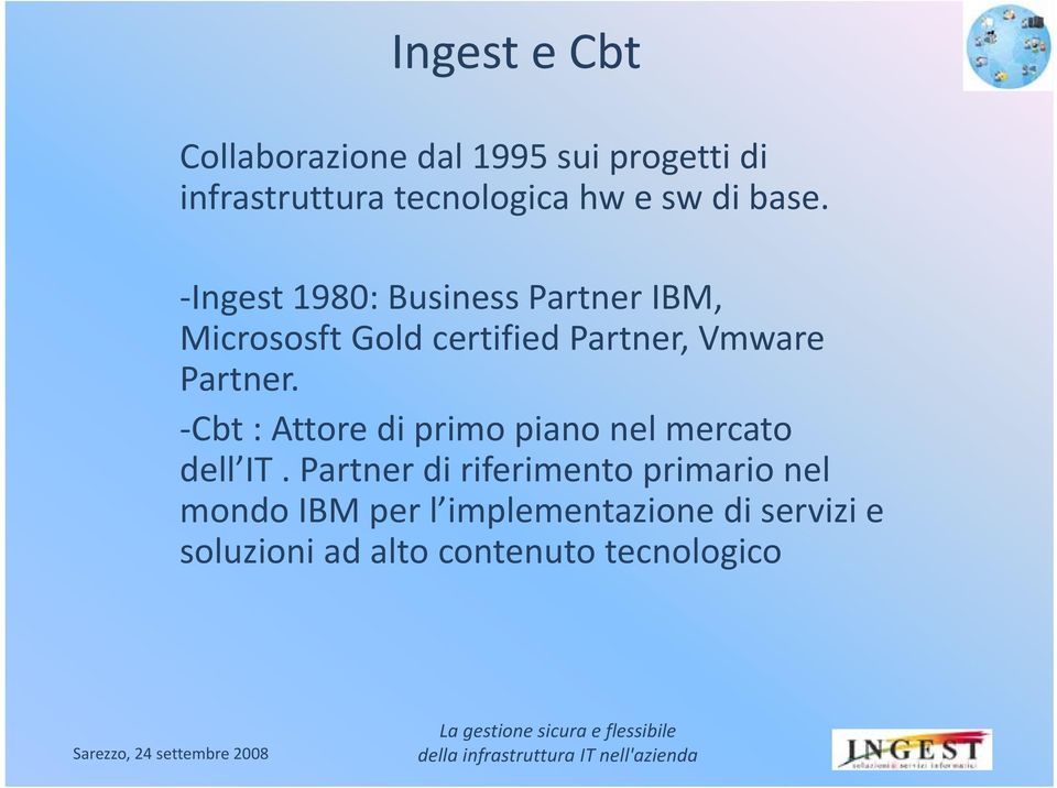 Ingest 1980: Business Partner IBM, Micrososft Gold certified Partner, Vmware Partner.