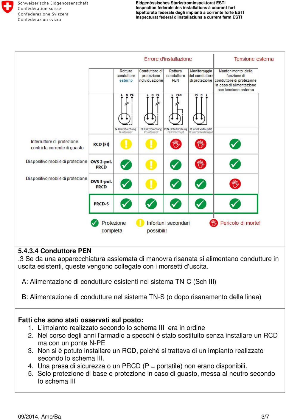 L'impianto realizzato secondo lo schema III era in ordine 2. Nel corso degli anni l'armadio a specchi è stato sostituito senza installare un RCD ma con un ponte N-PE 3.