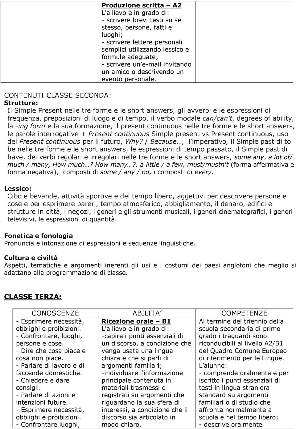 CONTENUTI CLASSE SECONDA: Strutture: Il Simple Present nelle tre forme e le short answers, gli avverbi e le espressioni di frequenza, preposizioni di luogo e di tempo, il verbo modale can/can t,