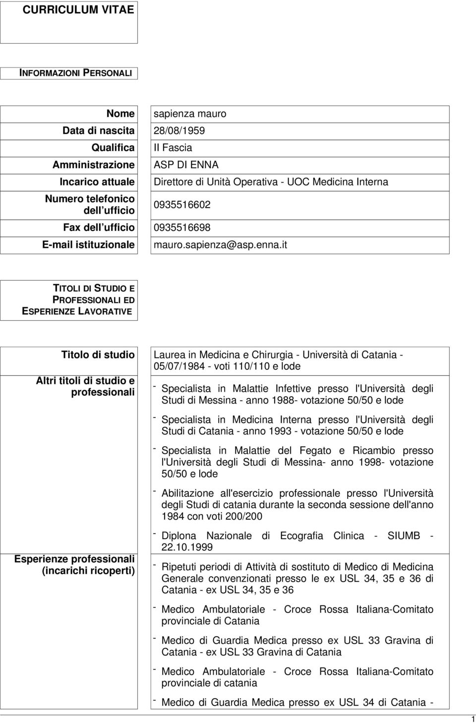 it TITOLI DI STUDIO E PROFESSIONALI ED ESPERIENZE LAVORATIVE Titolo di studio Laurea in Medicina e Chirurgia - Università di Catania - 05/07/1984 - voti 110/110 e lode Altri titoli di studio e