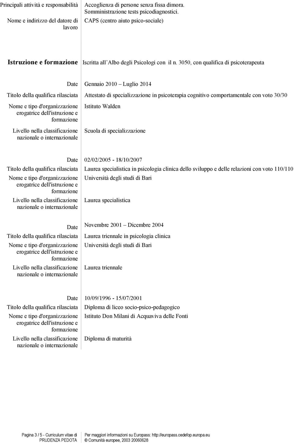 Walden Scuola di specializzazione Date 02/02/2005-18/10/2007 Titolo della qualifica rilasciata Laurea specialistica in psicologia clinica dello sviluppo e delle relazioni con voto 110/110 Università