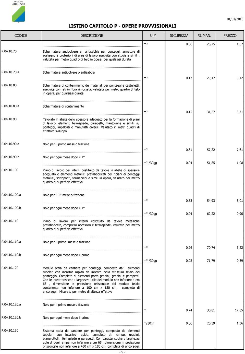 04.10.70.a Scheratura antipolvere o antisabbia 0,13 29,17 3,12 P.04.10.80 Scheratura di conteniento dei ateriali per ponteggi e castelletti, eseguita con reti in fibra rinforzata, valutata per etro quadro di telo in opera, per qualsiasi durata P.