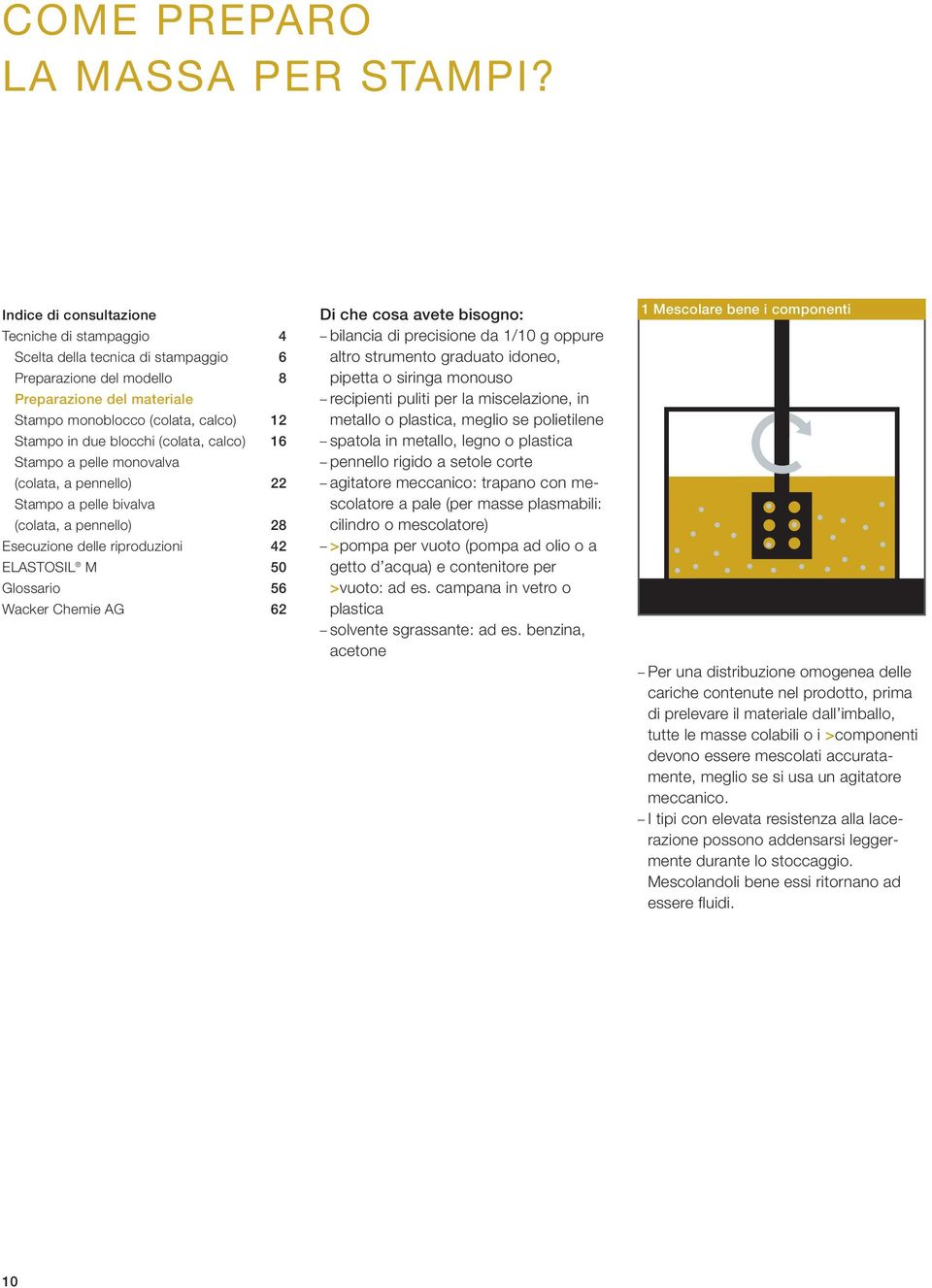 (colata, calco) 16 Stampo a pelle monovalva (colata, a pennello) 22 Stampo a pelle bivalva (colata, a pennello) 28 Esecuzione delle riproduzioni 42 ELASTOSIL M 50 Glossario 56 Wacker Chemie AG 62 Di