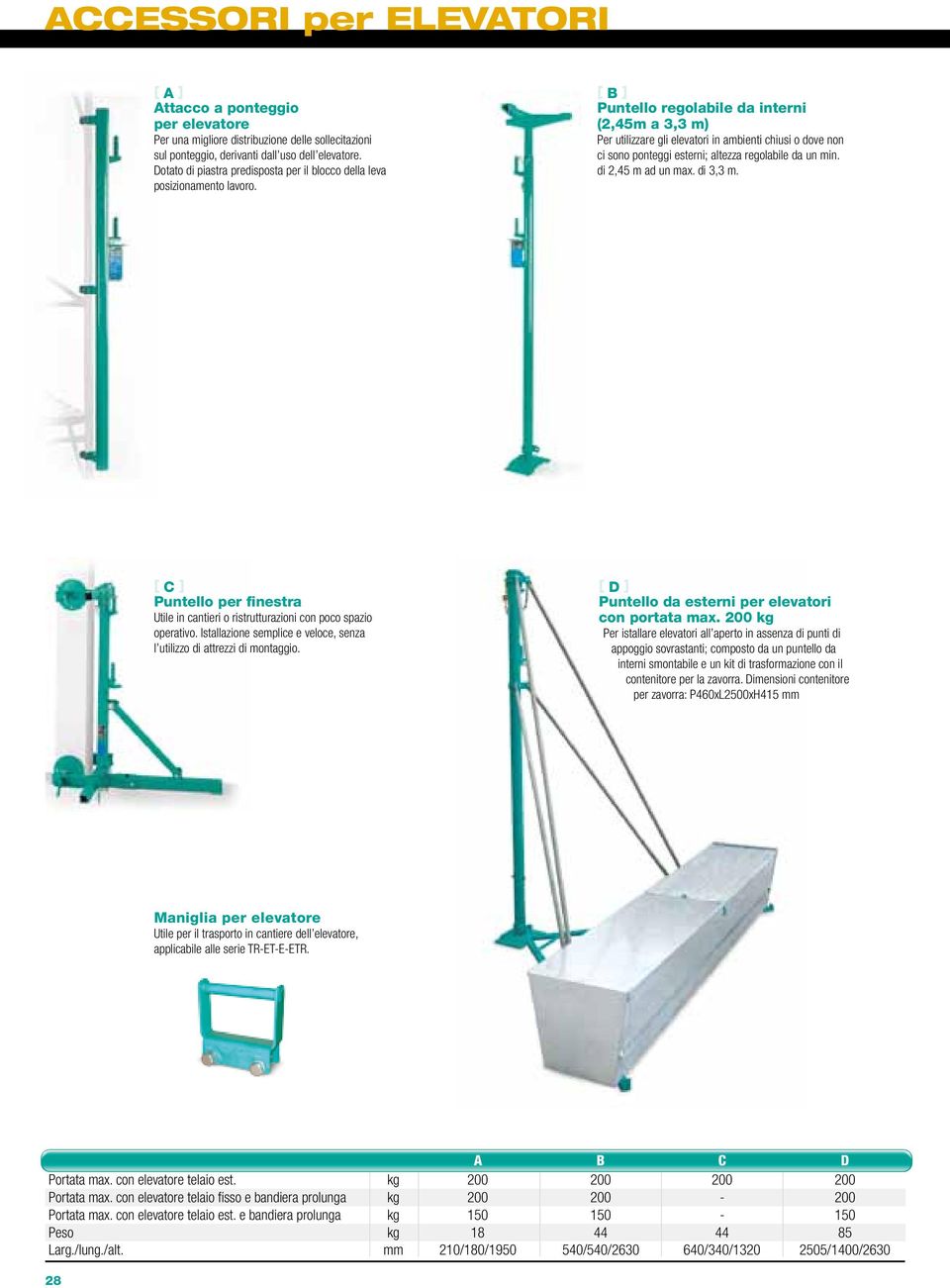 [ B ] Puntello regolabile da interni (2,45m a 3,3 m) Per utilizzare gli elevatori in ambienti chiusi o dove non ci sono ponteggi esterni; altezza regolabile da un min. di 2,45 m ad un max. di 3,3 m.