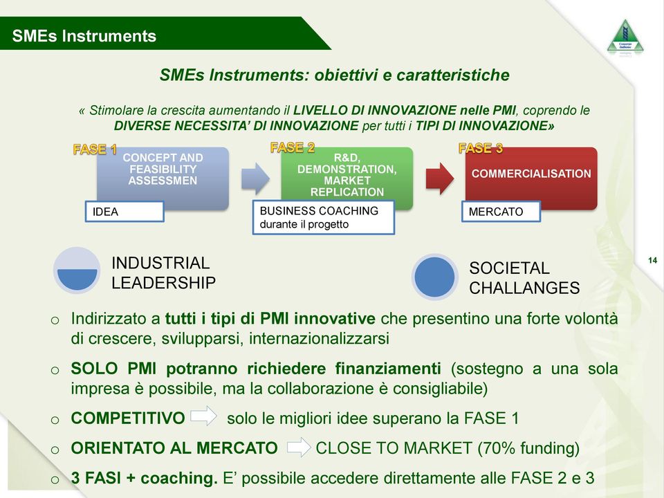 i tipi di PMI innovative che presentino una forte volontà di crescere, svilupparsi, internazionalizzarsi o SOLO PMI potranno richiedere finanziamenti (sostegno a una sola impresa è possibile, ma la