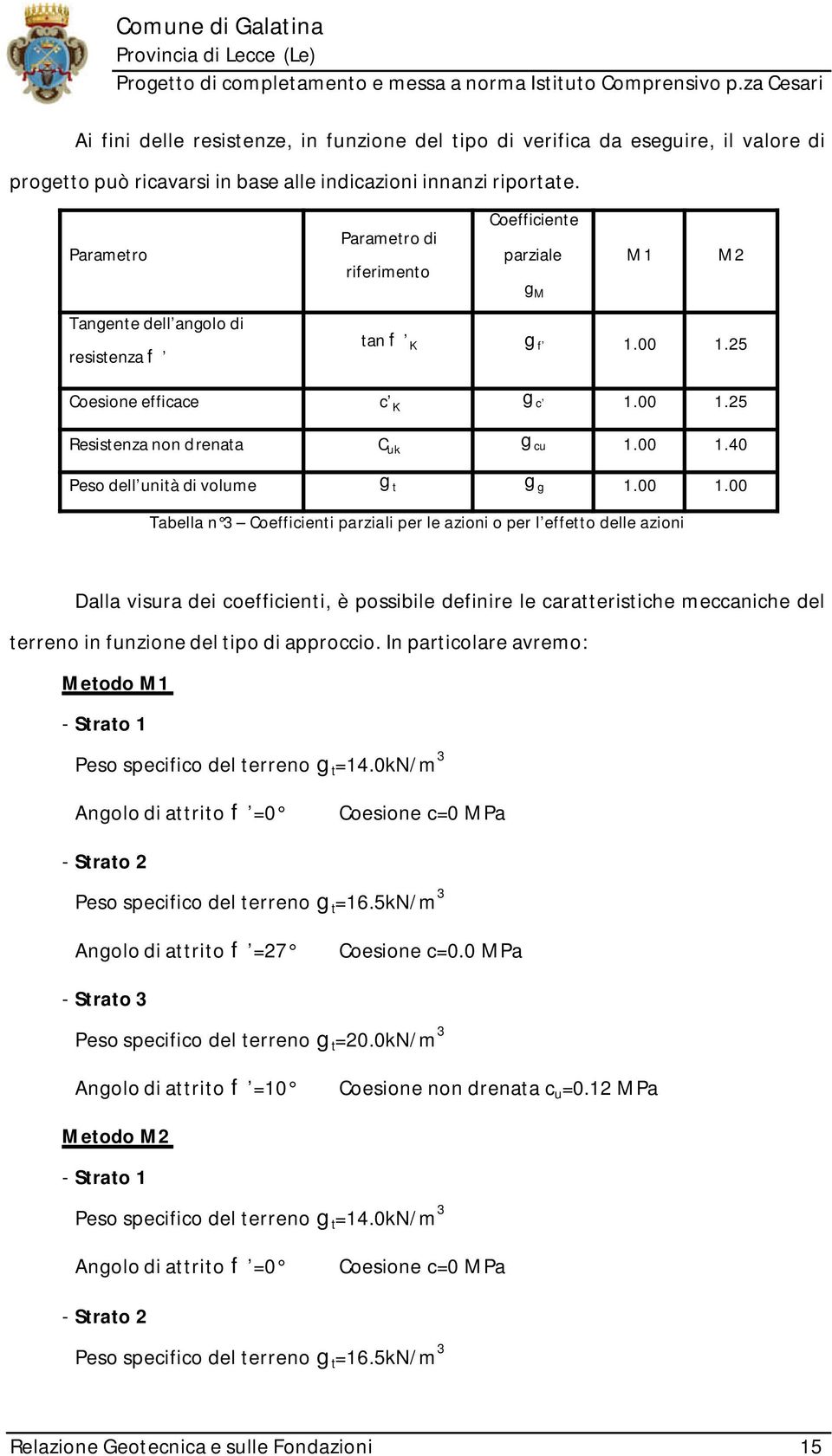 00 1.40 Peso dell unità di volume g t g g 1.00 1.00 Tabella n 3 Coefficienti parziali per le azioni o per l effetto delle azioni Dalla visura dei coefficienti, è possibile definire le caratteristiche