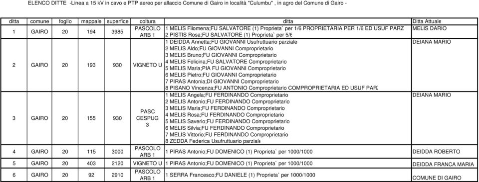 Annetta;FU GIOVANNI Usufruttuario parziale DEIANA MARIO 2 GAIRO 20 193 930 VIGNETO U 2 MELIS Aldo;FU GIOVANNI Comproprietario 3 MELIS Bruno;FU GIOVANNI Comproprietario 4 MELIS Felicina;FU SALVATORE