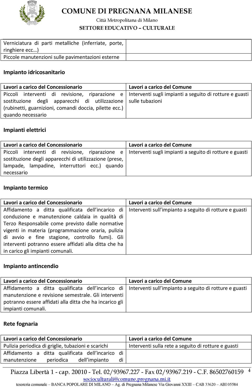 ) quando necessario Interventi sugli impianti a seguito di rotture e guasti sulle tubazioni Impianti elettrici Piccoli interventi di revisione, riparazione e sostituzione degli apparecchi di