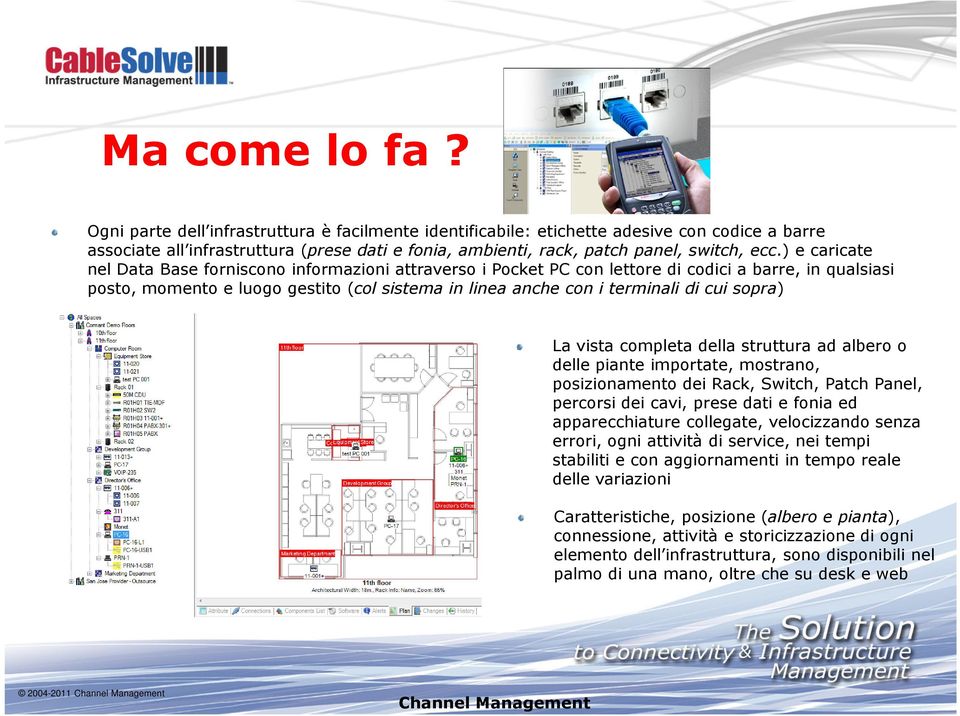 ) e caricate nel Data Base forniscono informazioni attraverso i Pocket PC con lettore di codici a barre, in qualsiasi posto, momento e luogo gestito (col sistema in linea anche con i terminali di cui