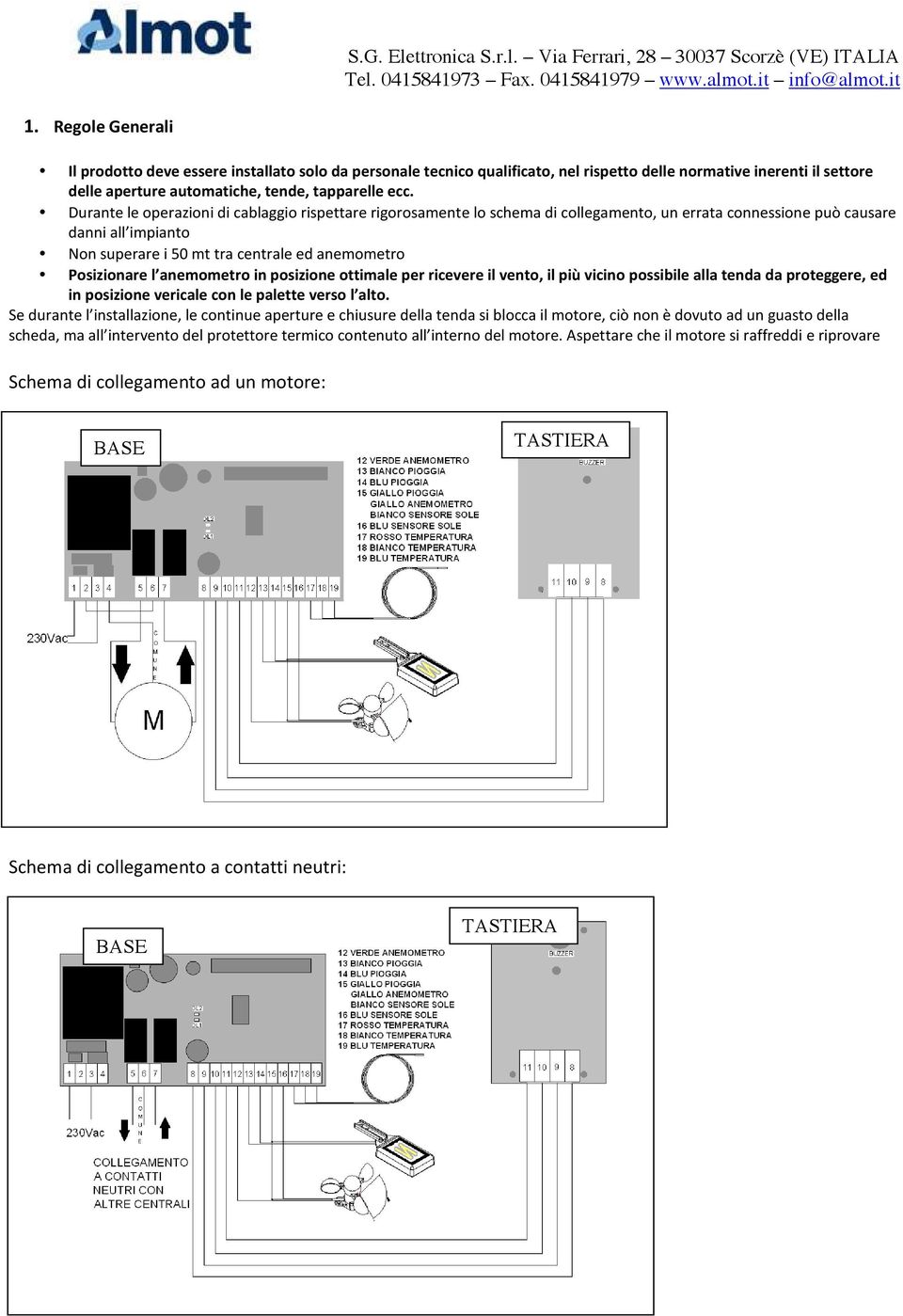 l anemometro in posizione ottimale per ricevere il vento, il più vicino possibile alla tenda da proteggere, ed in posizione vericale con le palette verso l alto.