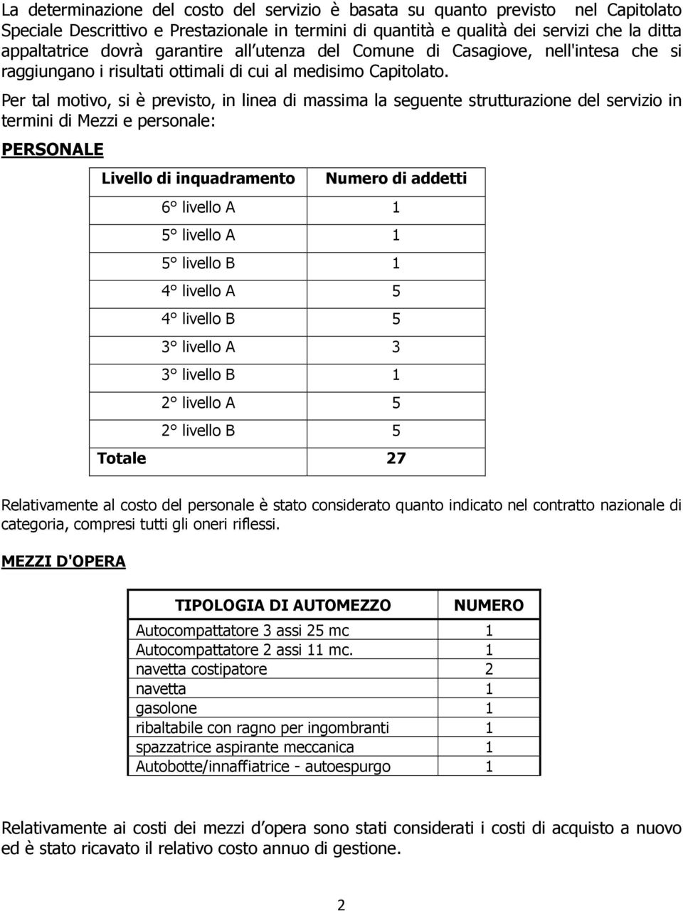 Per tal motivo, si è previsto, in linea di massima la seguente strutturazione del servizio in termini di Mezzi e personale: PERSONALE Livello di inquadramento Numero di addetti 6 livello A 1 5