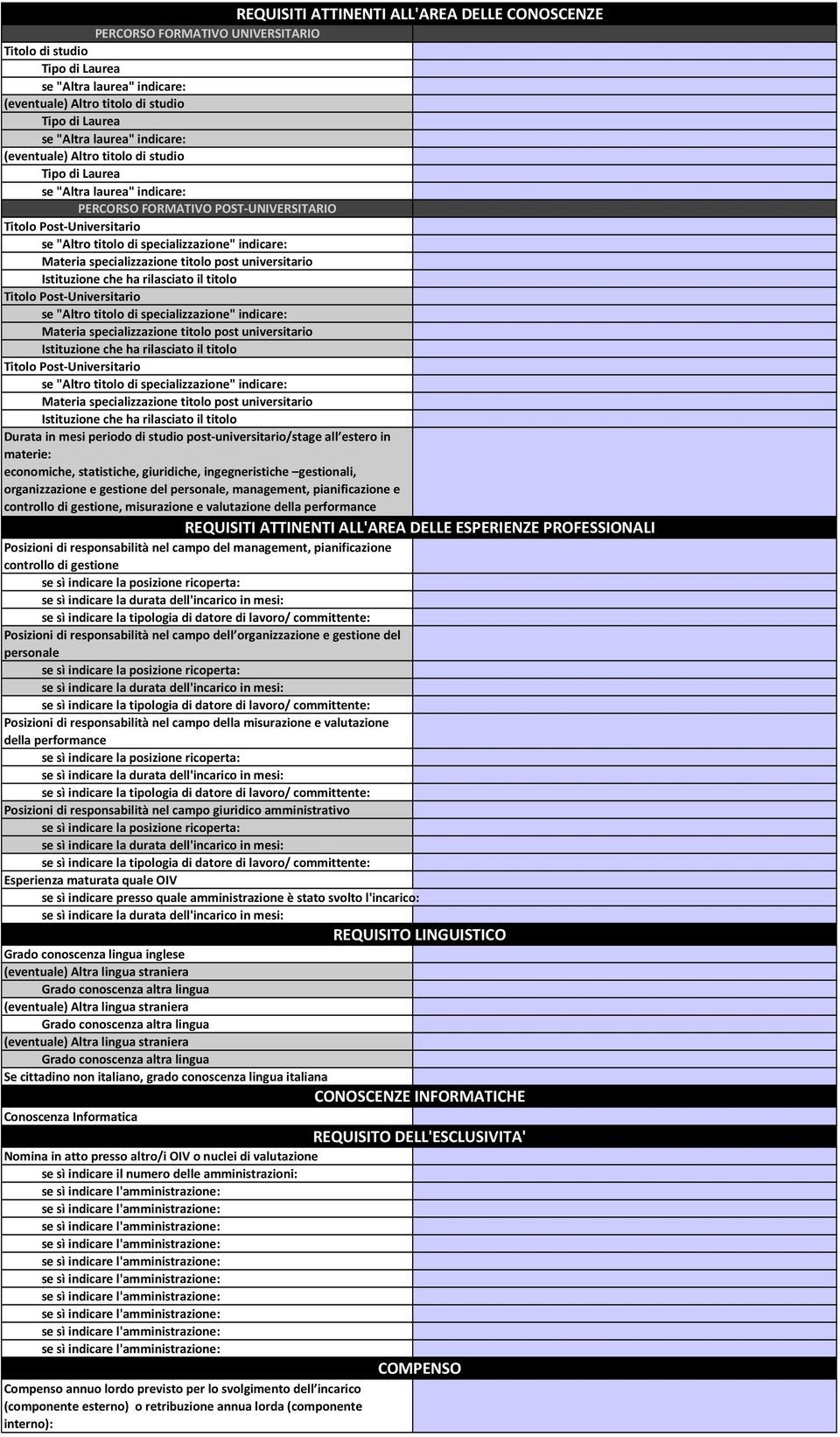 valutazione della performance REQUISITI ATTINENTI ALL'AREA DELLE ESPERIENZE PROFESSIONALI Posizioni di responsabilità nel campo del management, pianificazione controllo di gestione Posizioni di